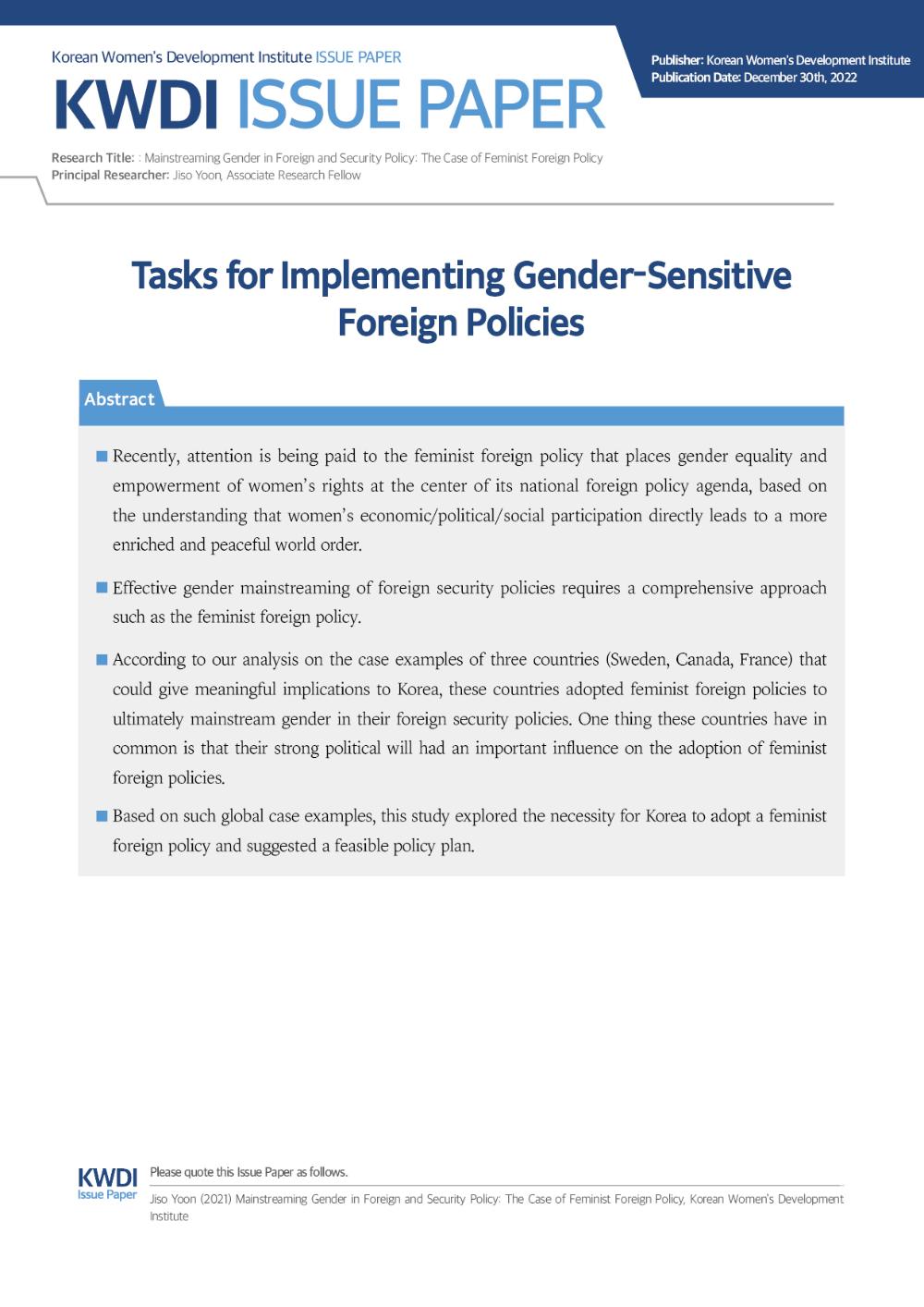 [Issue Paper] Tasks for Implementing Gender-Sensitive Foreign Policies