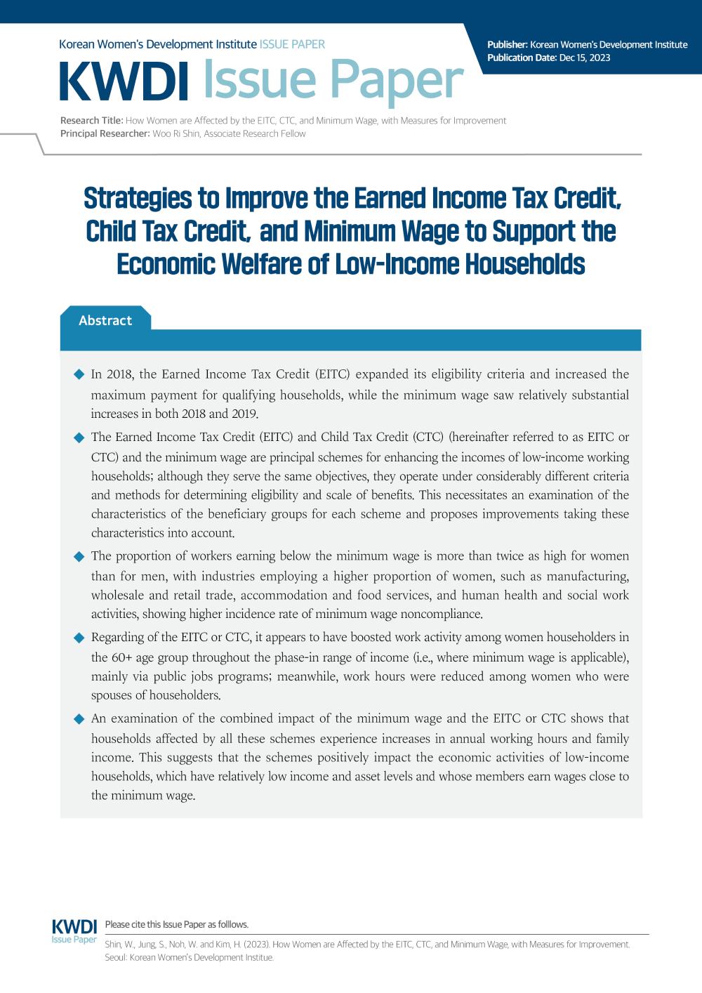[Issue Paper] Strategies to Improve the Earned Income Tax Credit, Child Tax Credit, and Minimum Wage to Support the Economic Welfare of Low-Income Households