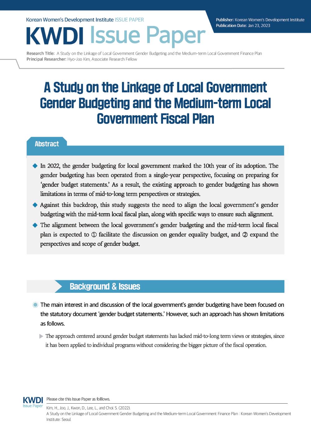 [Issue Paper] A Study on the Linkage of Local Government Gender Budgeting and the Medium-term Local Government Fiscal Plan