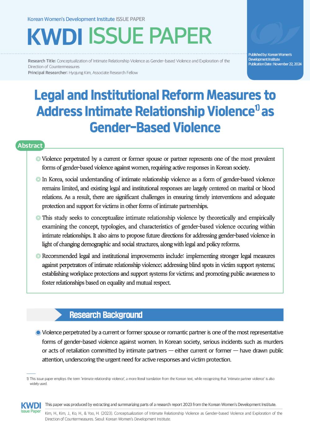 [Issue Paper] Legal and Institutional Reform Measures to Address Intimate Relationship Violence as Gender-Based Violence (Hyojung Kim)