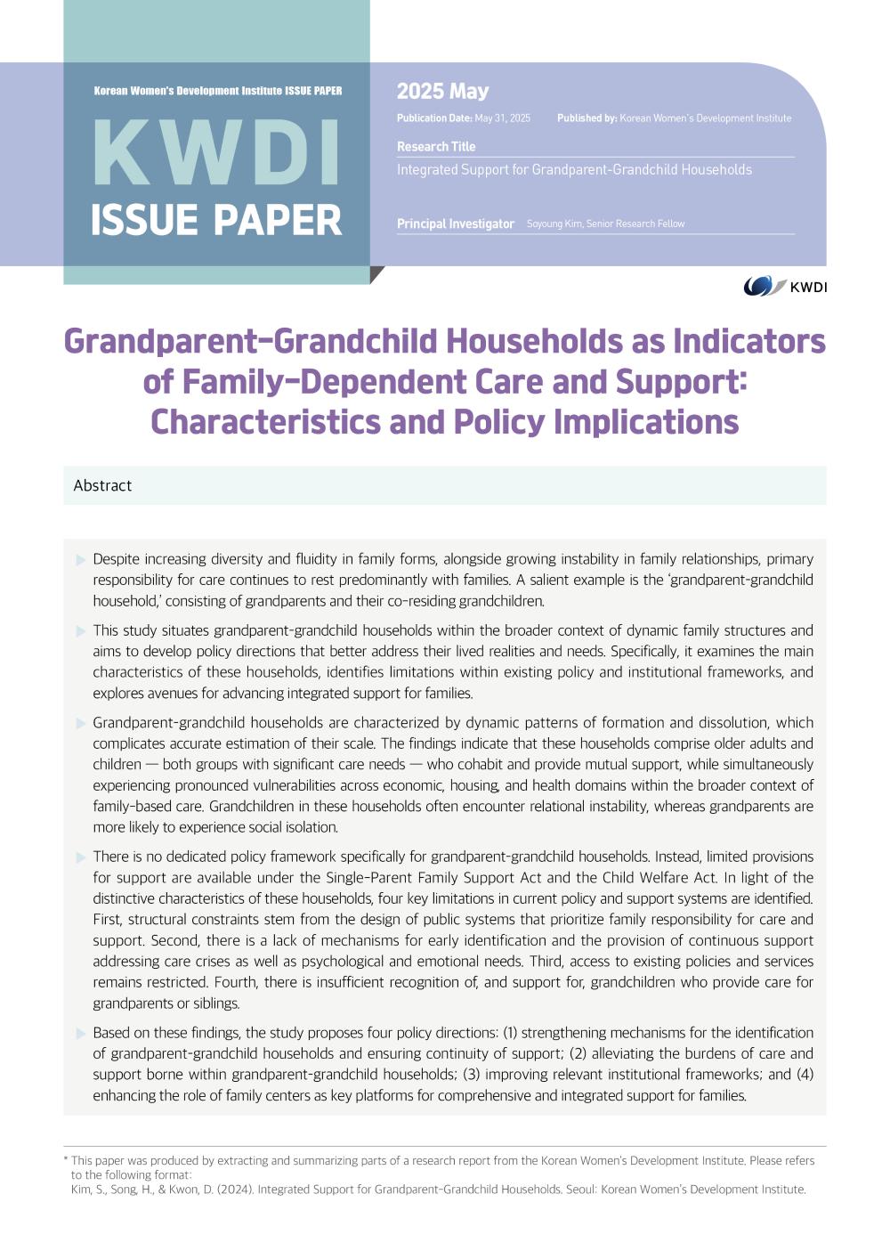 [Issue Paper] Grandparent-Grandchild Households as Indicators of Family-Dependent Care and Support (Soyoung Kim)